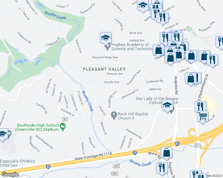 map of restaurants, bars, coffee shops, grocery stores, and more near 8 Pasadena Avenue in Greenville
