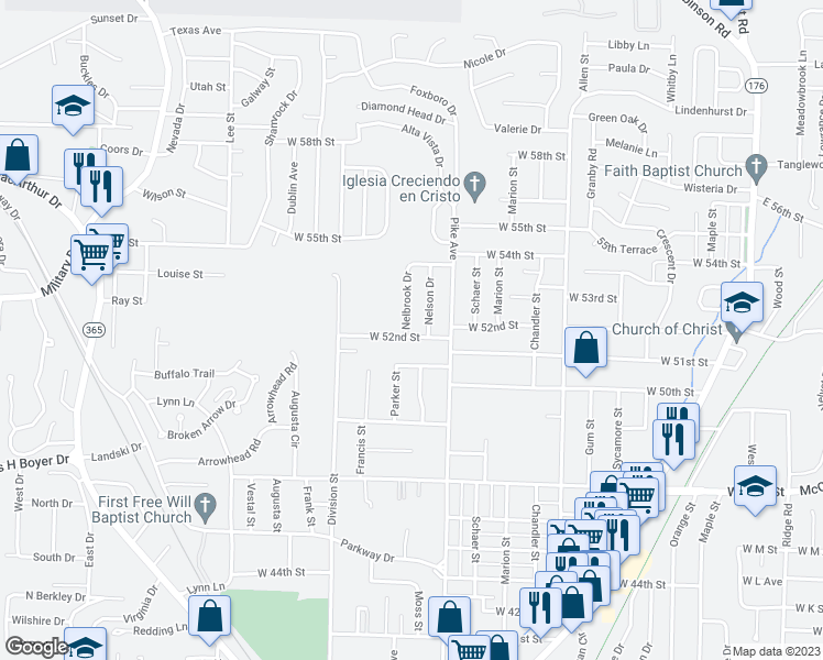 map of restaurants, bars, coffee shops, grocery stores, and more near 5200 Nelbrook Drive in North Little Rock