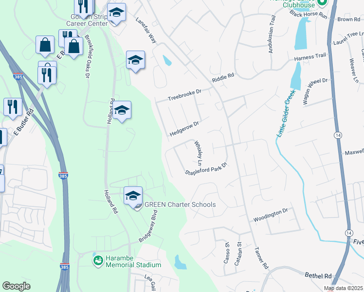 map of restaurants, bars, coffee shops, grocery stores, and more near 204 Whixley Lane in Greenville