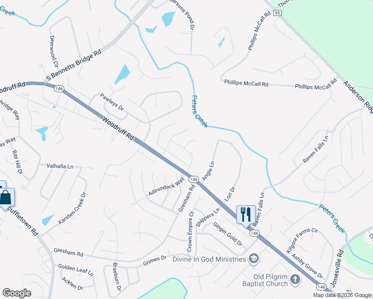 map of restaurants, bars, coffee shops, grocery stores, and more near 3203 Woodruff Road in Simpsonville