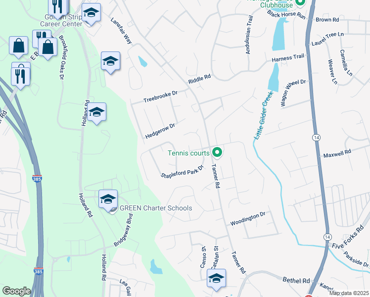 map of restaurants, bars, coffee shops, grocery stores, and more near 7 Wheat Cressing Court in Greenville