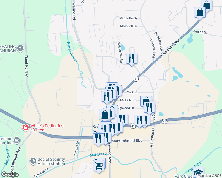 map of restaurants, bars, coffee shops, grocery stores, and more near 116 Pritchard Drive in Dalton