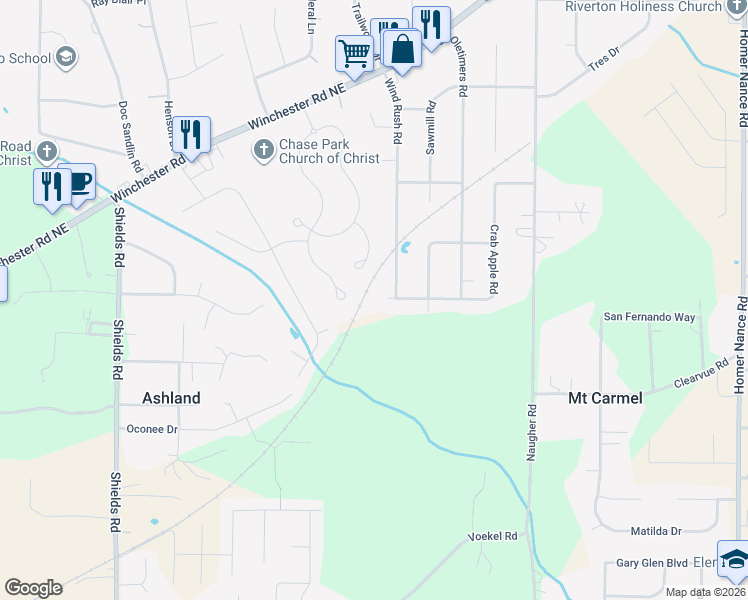 map of restaurants, bars, coffee shops, grocery stores, and more near 169 Crab Apple Road in Huntsville