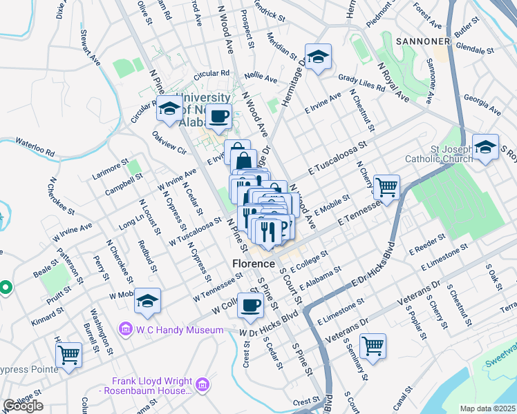 map of restaurants, bars, coffee shops, grocery stores, and more near 320 North Court Street in Florence