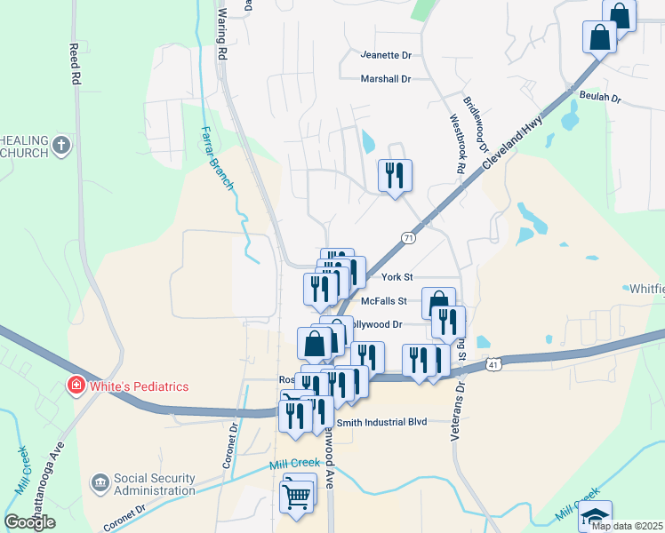 map of restaurants, bars, coffee shops, grocery stores, and more near 1600 Puryear Drive Northwest in Dalton
