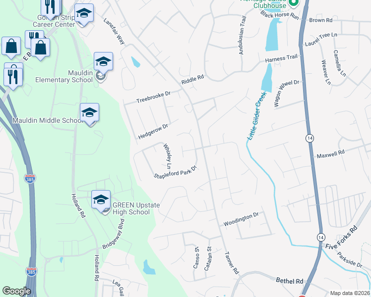 map of restaurants, bars, coffee shops, grocery stores, and more near 7 Wheat Cressing Court in Greenville