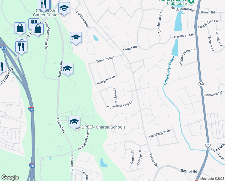 map of restaurants, bars, coffee shops, grocery stores, and more near 115 Whixley Lane in Greenville