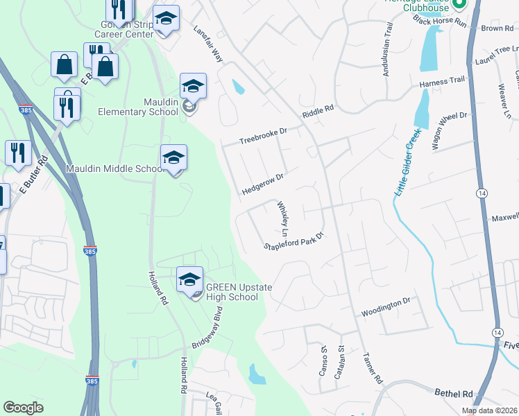 map of restaurants, bars, coffee shops, grocery stores, and more near 204 Whixley Lane in Greenville