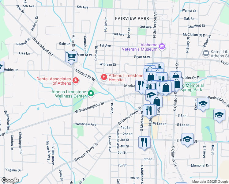 map of restaurants, bars, coffee shops, grocery stores, and more near 611 Market Street East in Athens