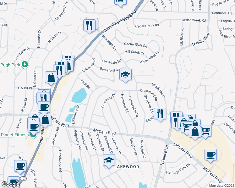 map of restaurants, bars, coffee shops, grocery stores, and more near 5224 Greenway Drive in North Little Rock