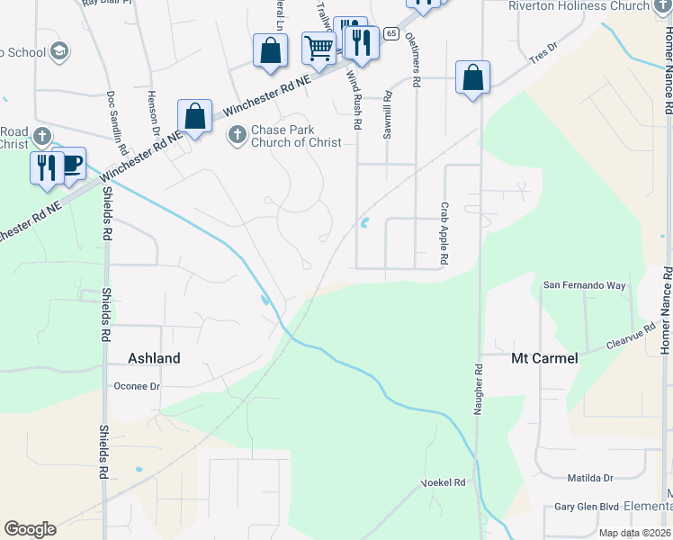 map of restaurants, bars, coffee shops, grocery stores, and more near 169 Crab Apple Road in Huntsville