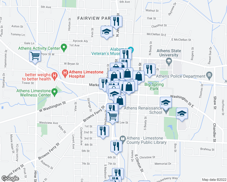 map of restaurants, bars, coffee shops, grocery stores, and more near 310 West Washington Street in Athens