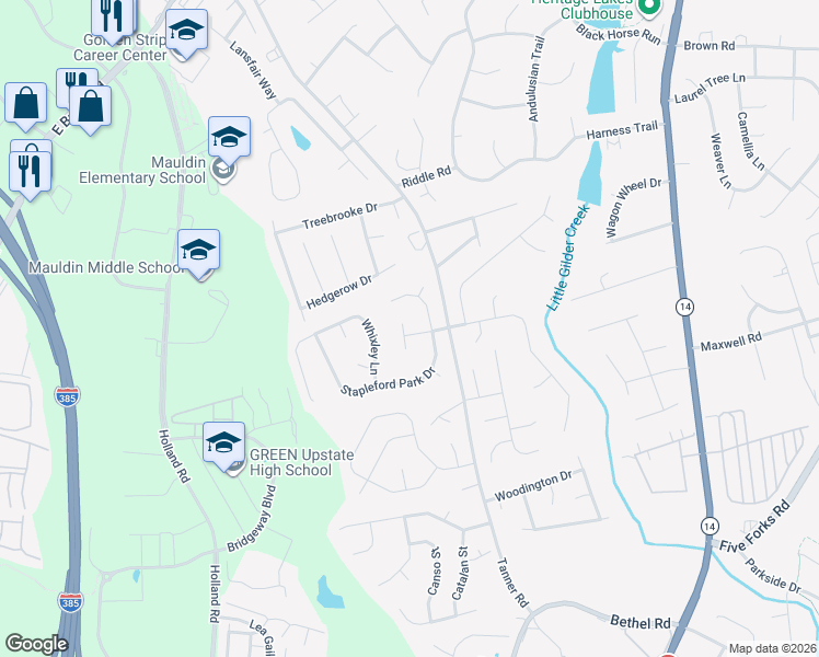 map of restaurants, bars, coffee shops, grocery stores, and more near 7 Wheat Cressing Court in Greenville