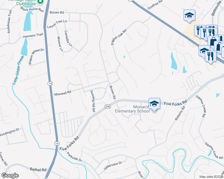 map of restaurants, bars, coffee shops, grocery stores, and more near 305 Brown Road in Simpsonville