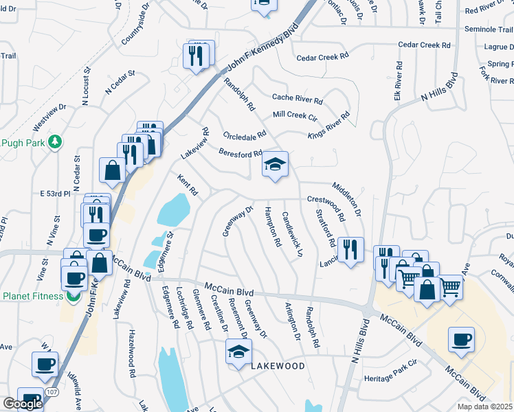 map of restaurants, bars, coffee shops, grocery stores, and more near 5224 Greenway Drive in North Little Rock
