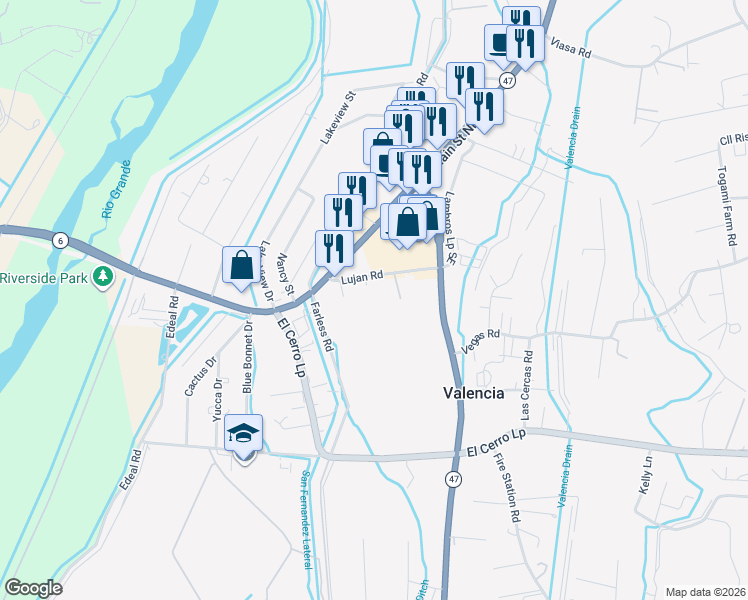 map of restaurants, bars, coffee shops, grocery stores, and more near 12 Lujan Road in Los Lunas