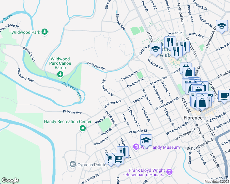 map of restaurants, bars, coffee shops, grocery stores, and more near North Wood Avenue in Florence