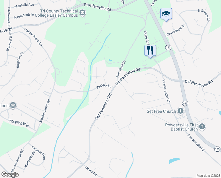 map of restaurants, bars, coffee shops, grocery stores, and more near 306 Rackley Lane in Easley