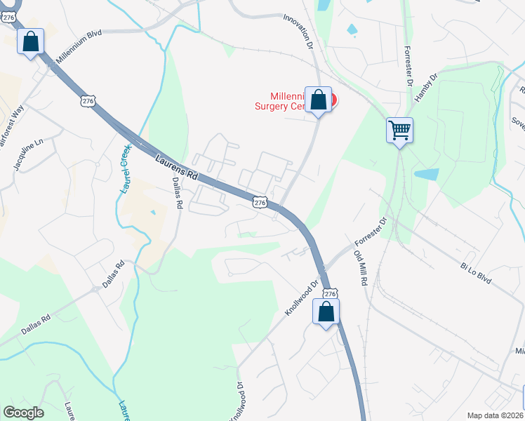 map of restaurants, bars, coffee shops, grocery stores, and more near 3438-3466 Laurens Road in Greenville