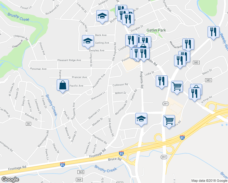map of restaurants, bars, coffee shops, grocery stores, and more near 18 Milton Drive in Greenville