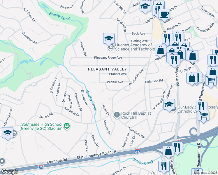 map of restaurants, bars, coffee shops, grocery stores, and more near 25 Pacific Avenue in Greenville