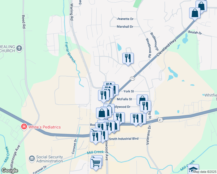 map of restaurants, bars, coffee shops, grocery stores, and more near 1600 Puryear Drive Northwest in Dalton