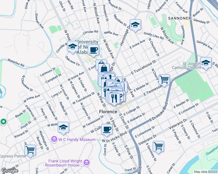 map of restaurants, bars, coffee shops, grocery stores, and more near 320 North Court Street in Florence