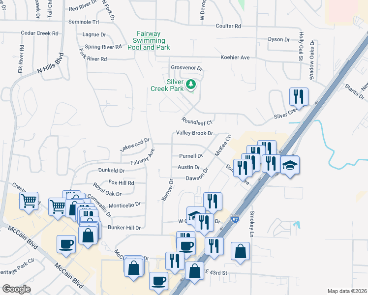 map of restaurants, bars, coffee shops, grocery stores, and more near 450 Valley Brook Drive in North Little Rock