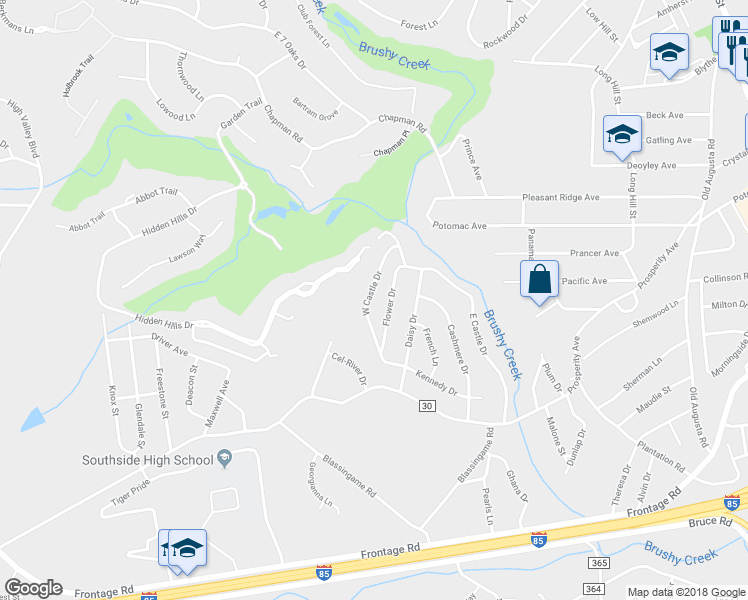 map of restaurants, bars, coffee shops, grocery stores, and more near 231 West Castle Drive in Greenville