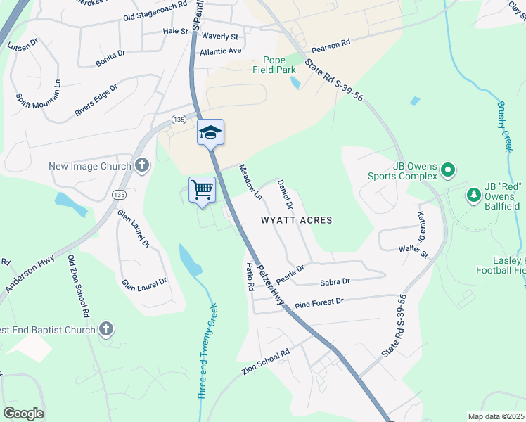 map of restaurants, bars, coffee shops, grocery stores, and more near 204 Meadow Lane in Easley