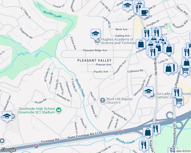 map of restaurants, bars, coffee shops, grocery stores, and more near 25 Pacific Avenue in Greenville