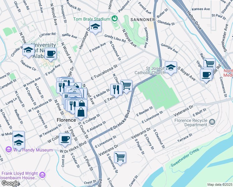 map of restaurants, bars, coffee shops, grocery stores, and more near 511 East Tennessee Street in Florence