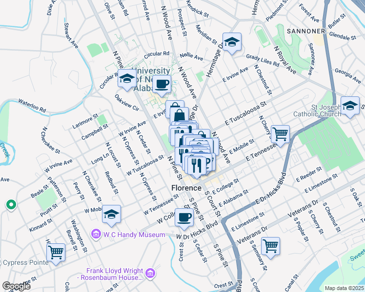 map of restaurants, bars, coffee shops, grocery stores, and more near North Court Street in Florence