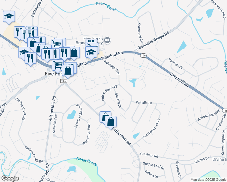 map of restaurants, bars, coffee shops, grocery stores, and more near 3 Bay Hill Drive in Simpsonville