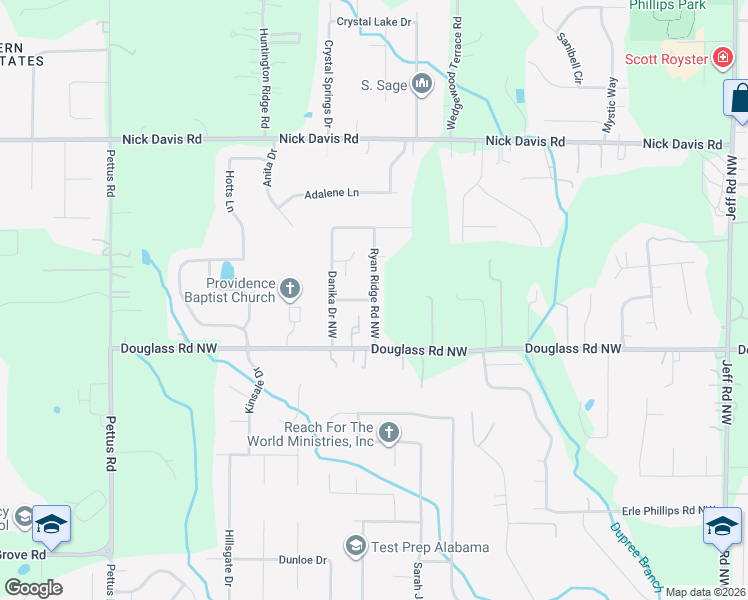 map of restaurants, bars, coffee shops, grocery stores, and more near Ridgetop Road in Huntsville
