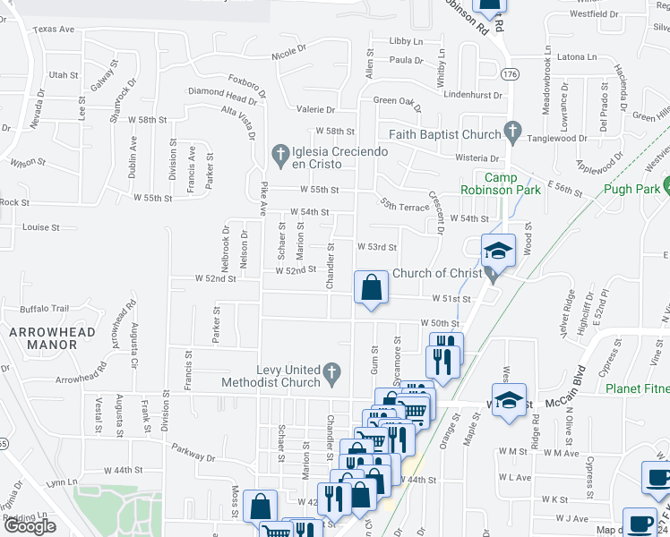 map of restaurants, bars, coffee shops, grocery stores, and more near 5202 Chandler Street in North Little Rock