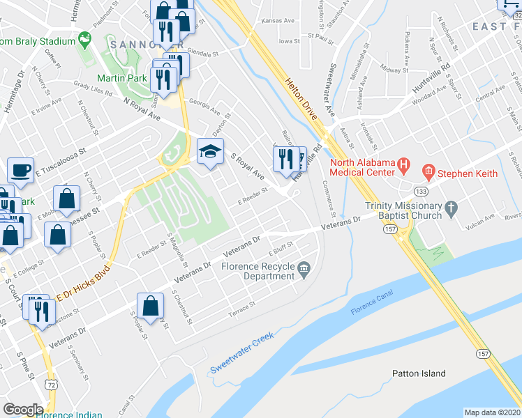 map of restaurants, bars, coffee shops, grocery stores, and more near 1209 East Limestone Street in Florence