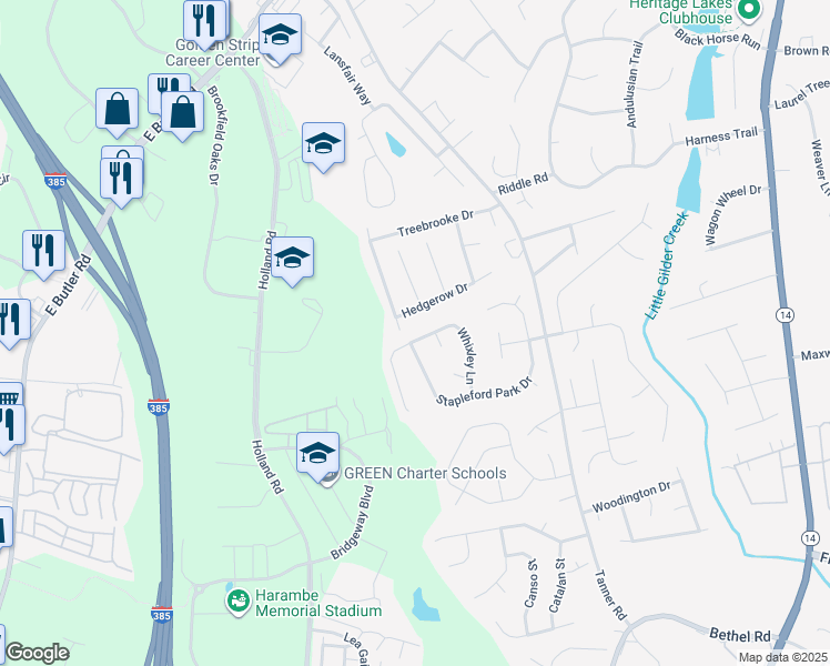 map of restaurants, bars, coffee shops, grocery stores, and more near 204 Whixley Lane in Greenville