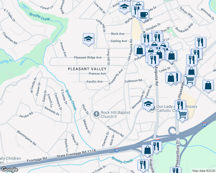 map of restaurants, bars, coffee shops, grocery stores, and more near 2 Prosperity Court in Greenville