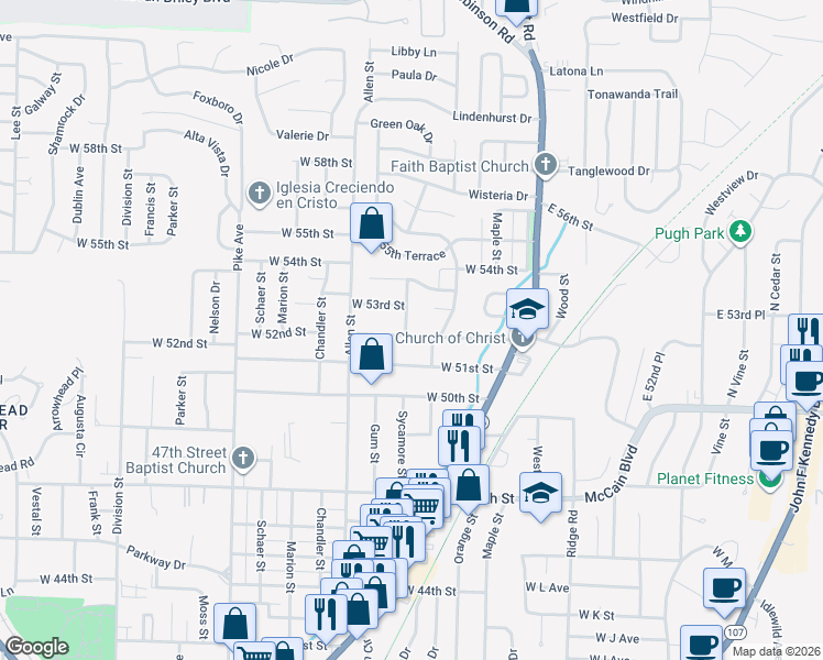 map of restaurants, bars, coffee shops, grocery stores, and more near 307 West 52nd Street in North Little Rock