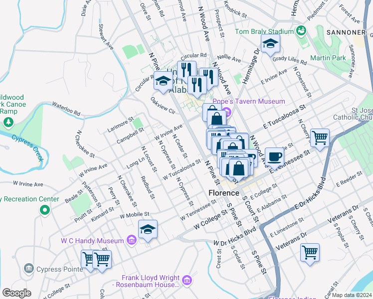 map of restaurants, bars, coffee shops, grocery stores, and more near 430 North Cedar Street in Florence
