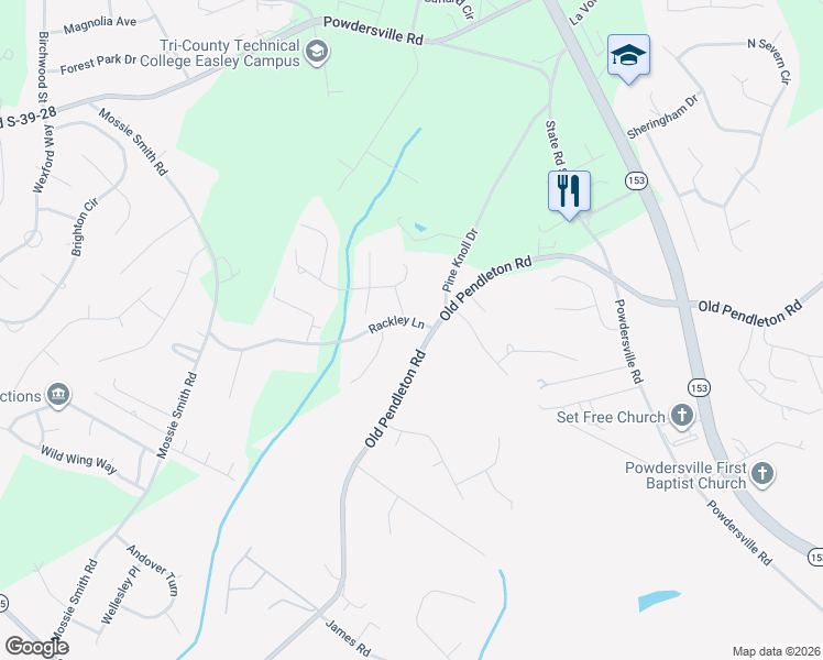 map of restaurants, bars, coffee shops, grocery stores, and more near 306 Rackley Lane in Easley