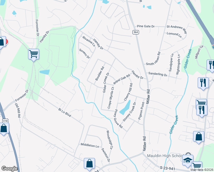 map of restaurants, bars, coffee shops, grocery stores, and more near 100 Royal Oak Road in Greenville