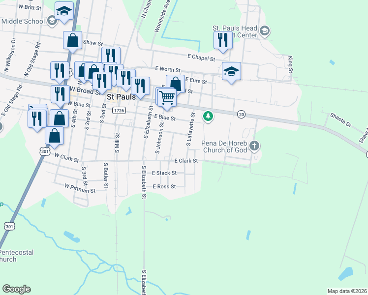map of restaurants, bars, coffee shops, grocery stores, and more near 322 South Lafayette Street in Saint Pauls