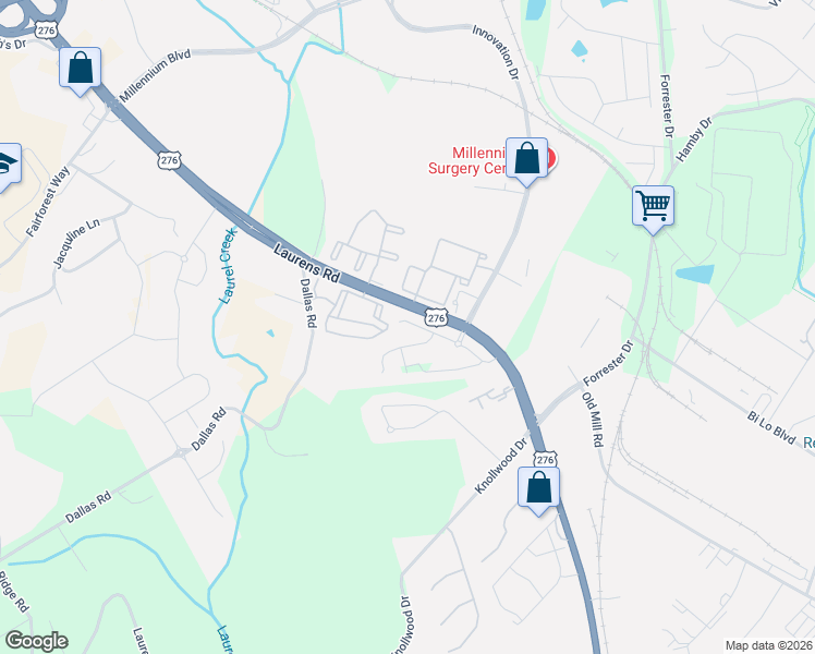 map of restaurants, bars, coffee shops, grocery stores, and more near 3434 Laurens Road in Greenville