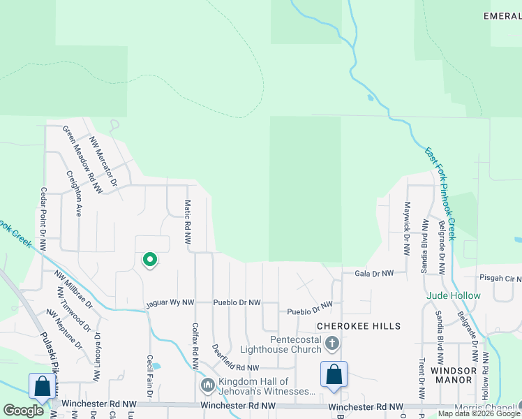 map of restaurants, bars, coffee shops, grocery stores, and more near 5412 Green Meadow Road Northwest in Huntsville