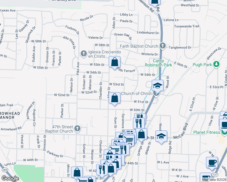 map of restaurants, bars, coffee shops, grocery stores, and more near 419 West 52nd Street in North Little Rock