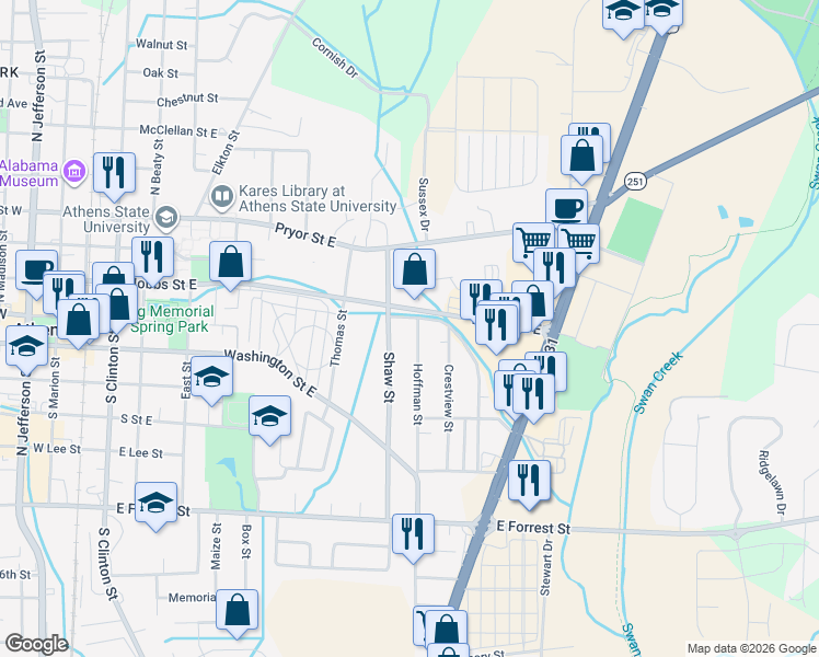 map of restaurants, bars, coffee shops, grocery stores, and more near 301 Hoffman Street in Athens