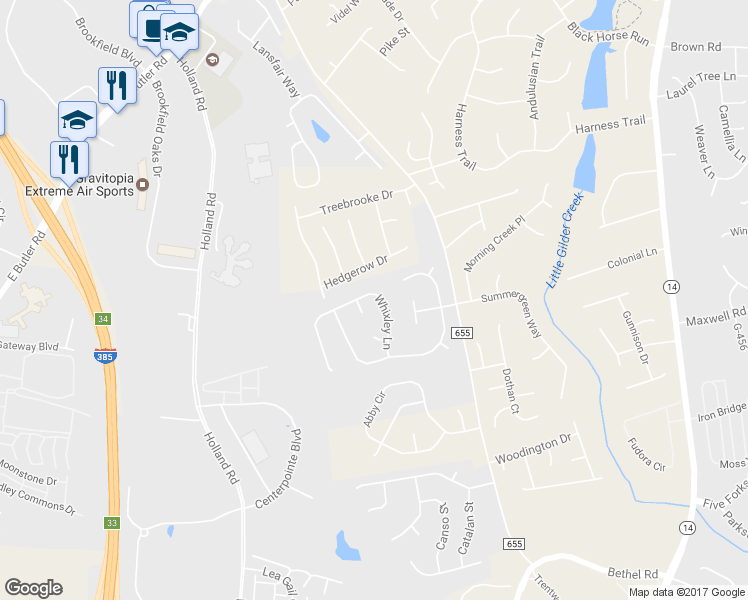 map of restaurants, bars, coffee shops, grocery stores, and more near 115 Whixley Lane in Greenville