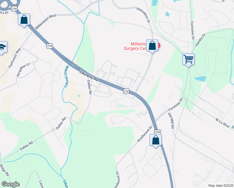 map of restaurants, bars, coffee shops, grocery stores, and more near 3434 Laurens Road in Greenville